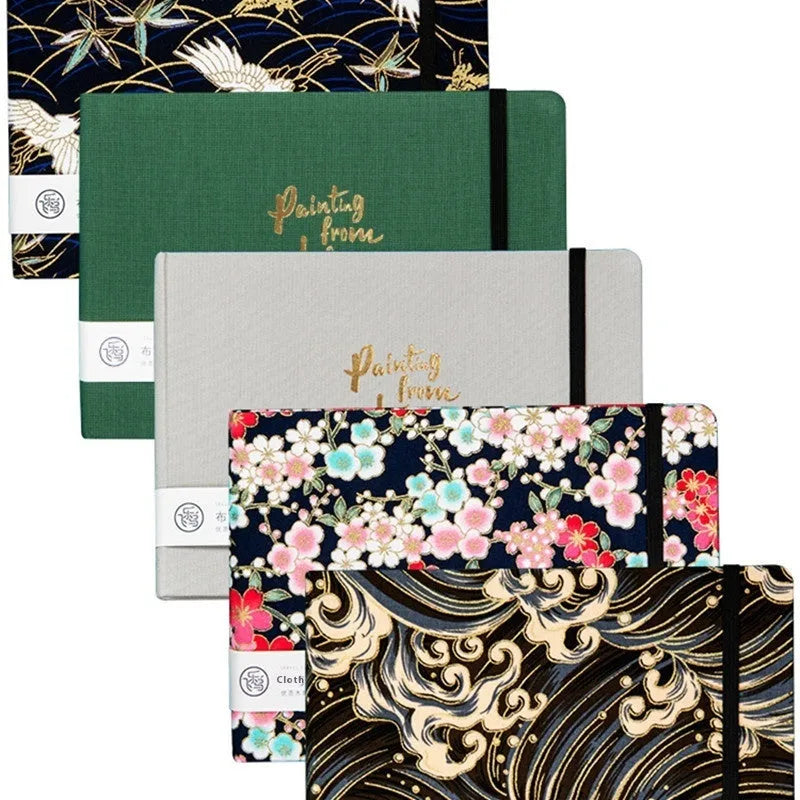 Feiluniao handmade fabric watercolour notebook with cotton paper, 185mm long, shown in a cover design option.
