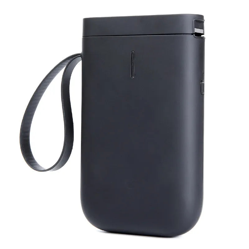 D11 Bluetooth thermal label printer with compact black design shown next to printed labels