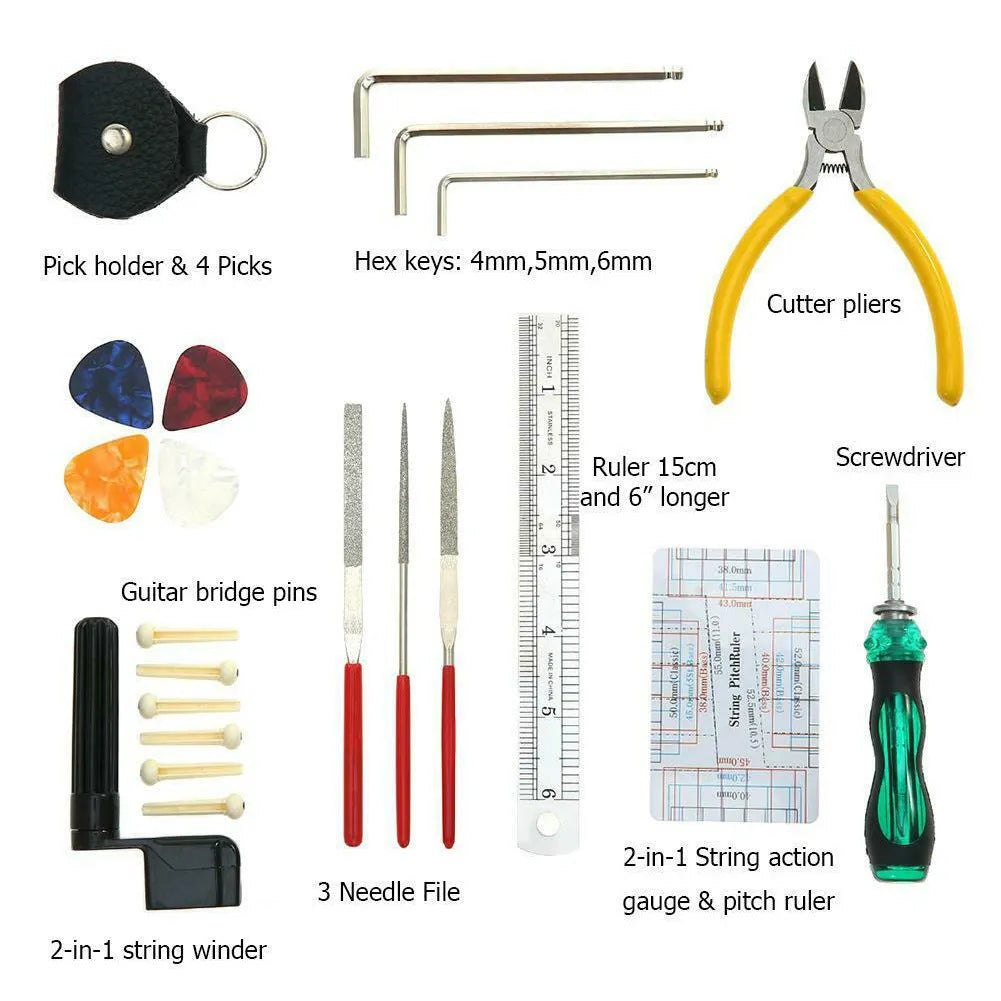 Black plastic case open to reveal 24 hardened steel guitar repair tools including cutters, winders, and files