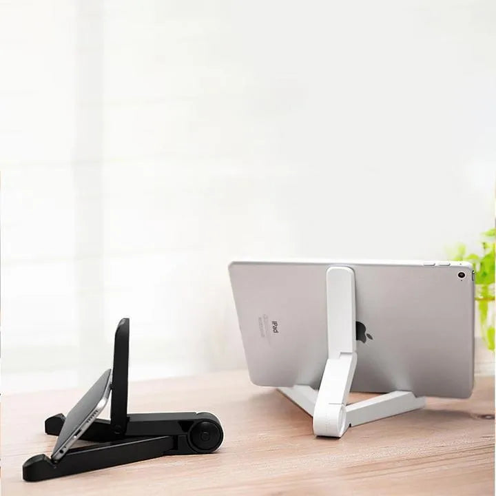 Black foldable tablet holder displaying smartphone in landscape position on desk