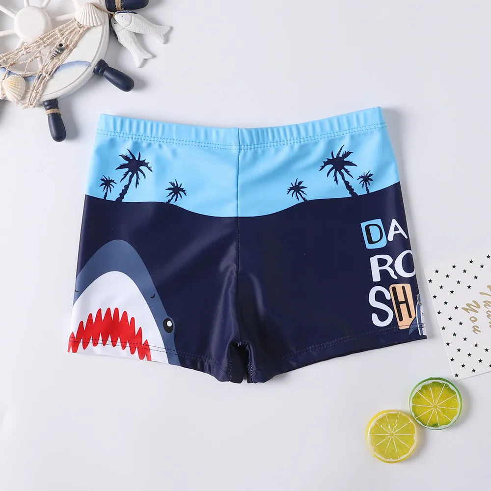 Cartoon boy swimsuit in navy blue with spandex blend, polyester lining, for children's swimming
