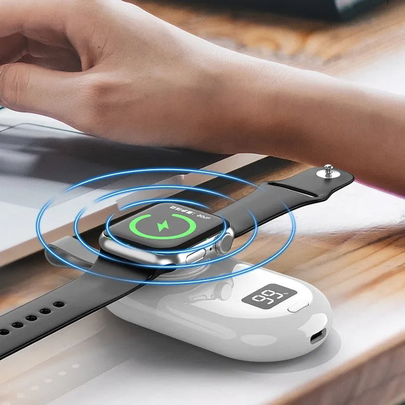 Black and white plastic wireless power bank for V5 watch with Type-C cable.