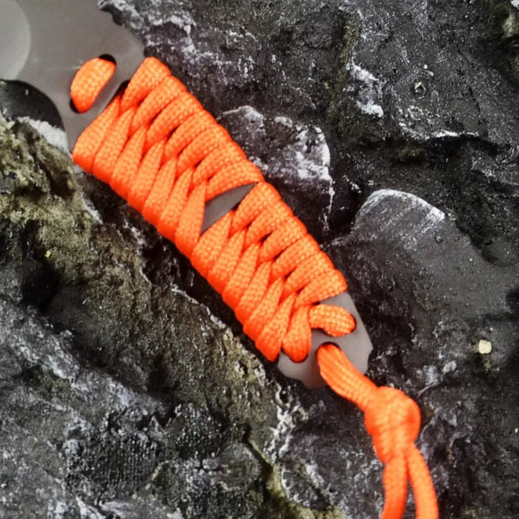 Outdoor straight knife with rope handle and ABS sheath showing 200mm length and sanded steel blade