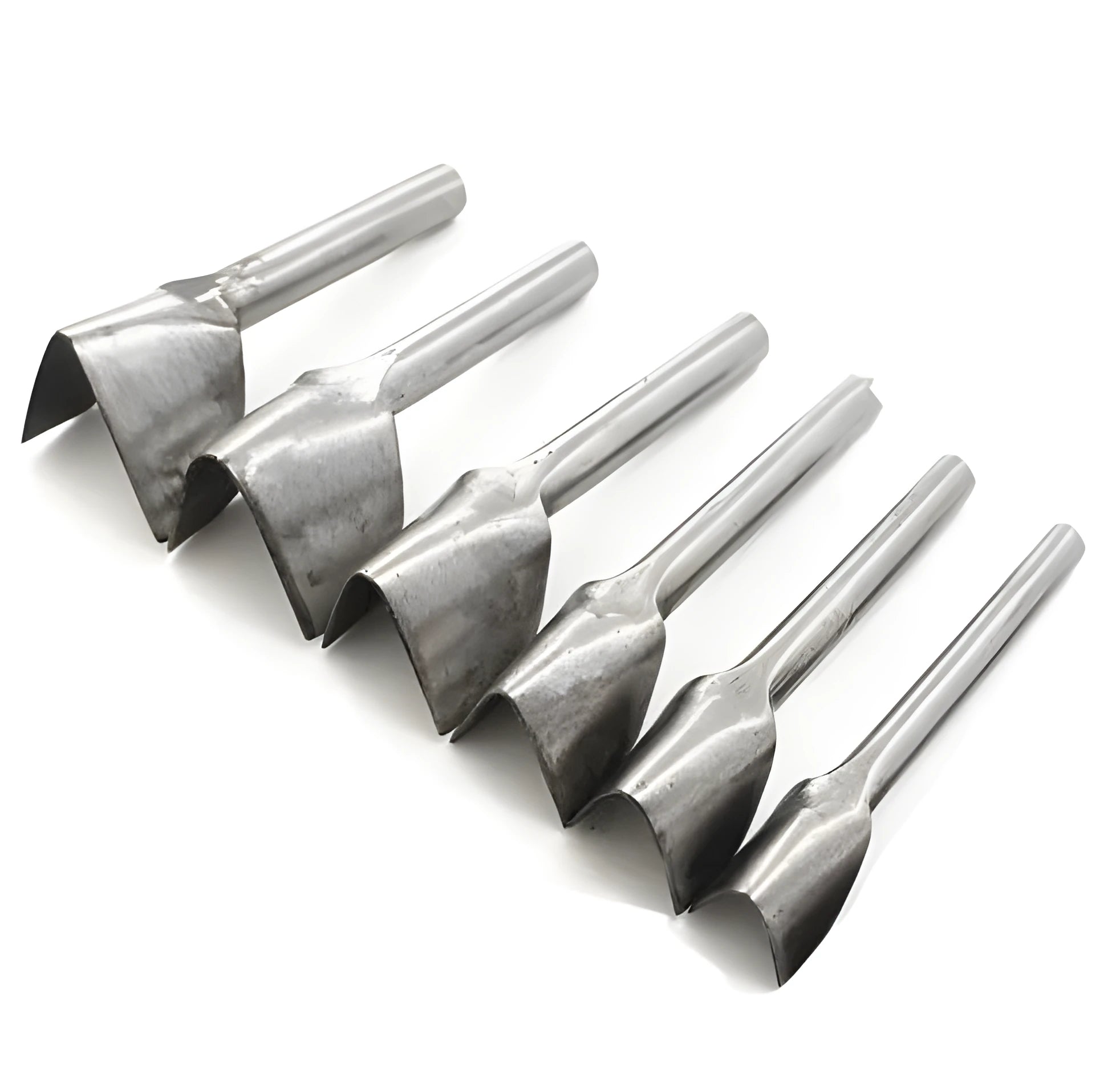 Six steel leather punch tools showing half-round and V-shaped profiles in sizes from 15mm to 40mm