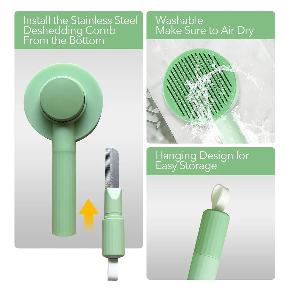Green and yellow 2-in-1 pet grooming brush with stainless steel teeth and hanging hook