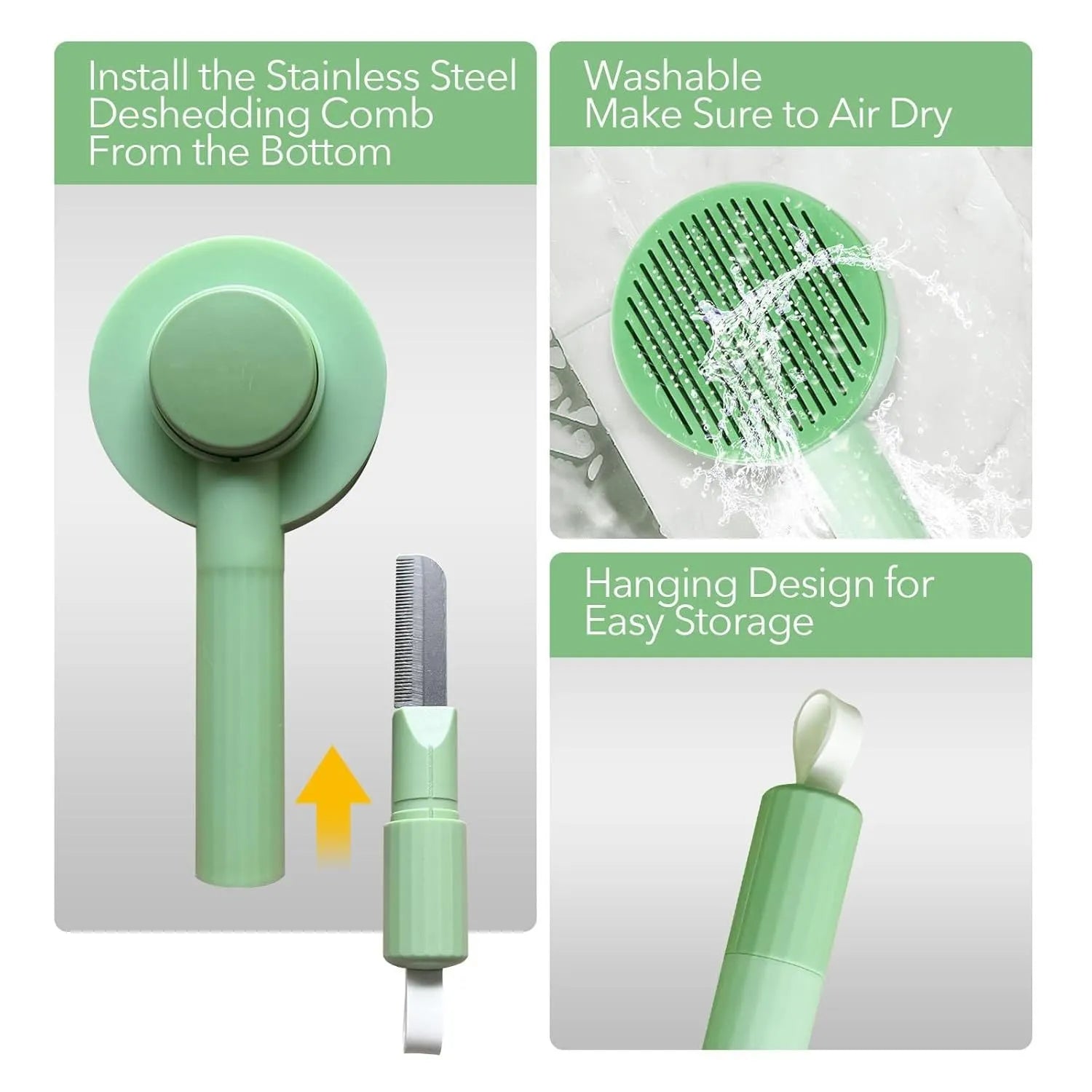 Green and yellow 2-in-1 pet grooming brush with stainless steel teeth and hanging hook