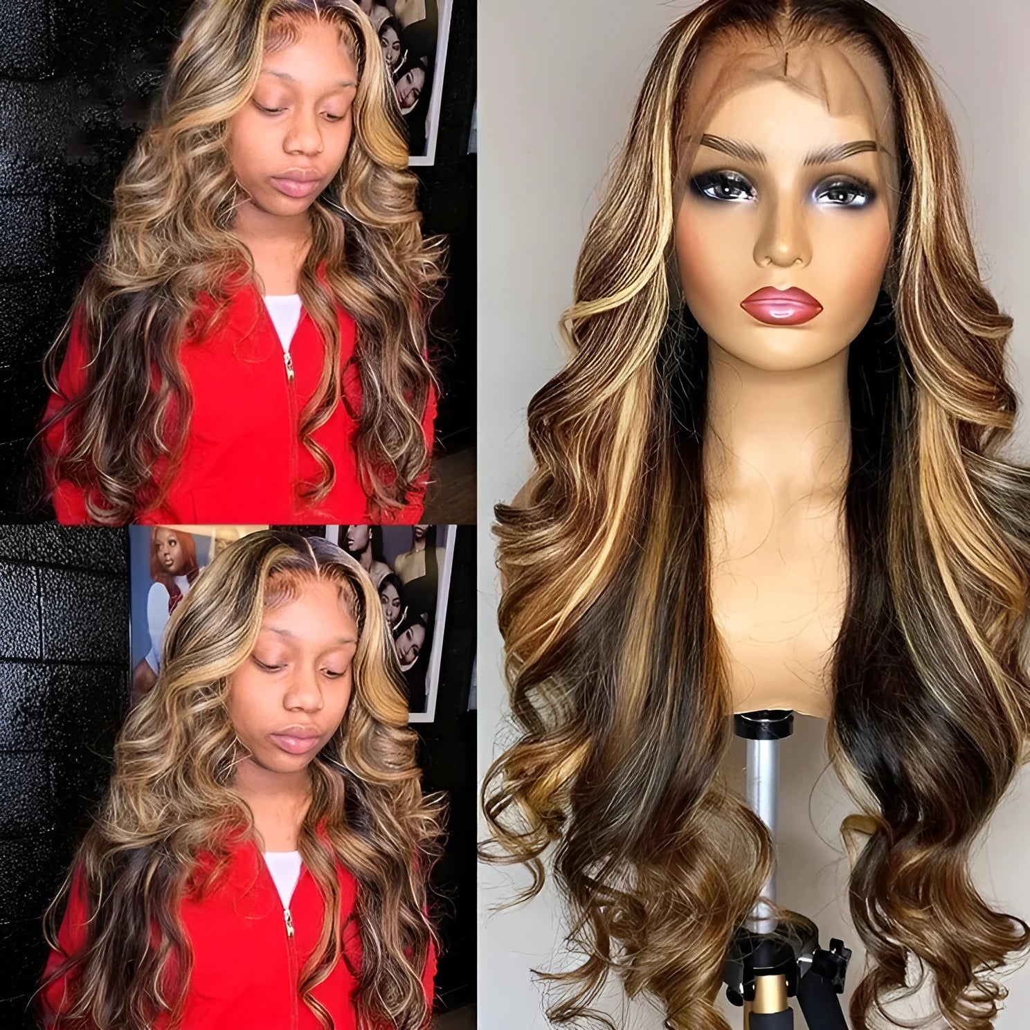 Long curly front lace wig with 134 gradient colour and side bangs made from high-temperature fibre.