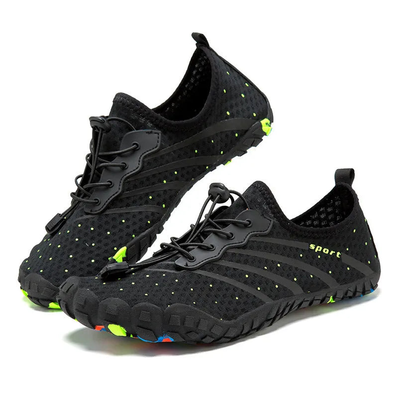 Low-top fast-draining beach shoes in army green with mesh fabric upper and rubber sole.