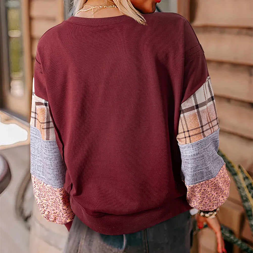 Women's loose fit plaid stitching long-sleeved top in beige or red with Japanese Korean casual style