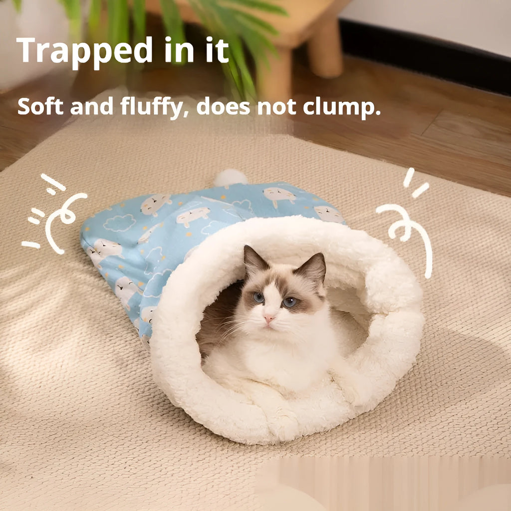 Flannel cat sleeping bag nest pet bed in pink Trojan pattern, measuring 50 by 40 centimetres.