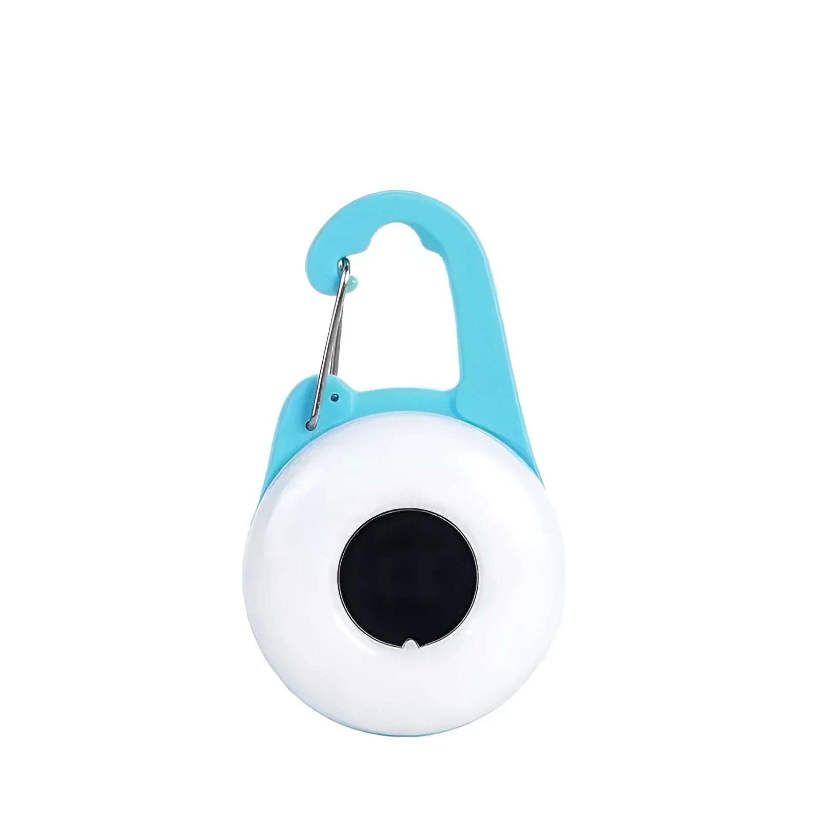Blue rechargeable LED dog collar light with a silicone strap shown attached to a black dog collar.