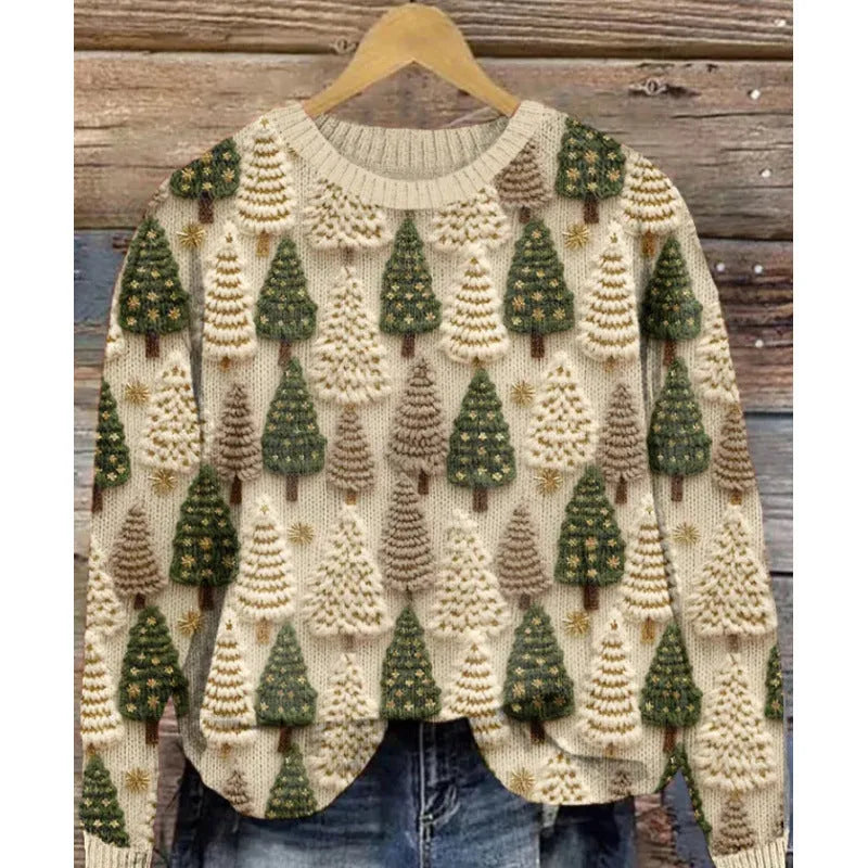 Women's little flower digital printed round neck long sleeve knitted sweater on a hanger.