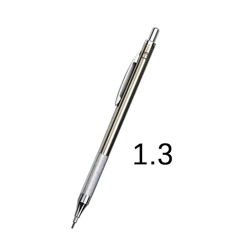 Metal automatic mechanical pencil showing lead size options from 0.3mm to 3.0mm for writing and drafting