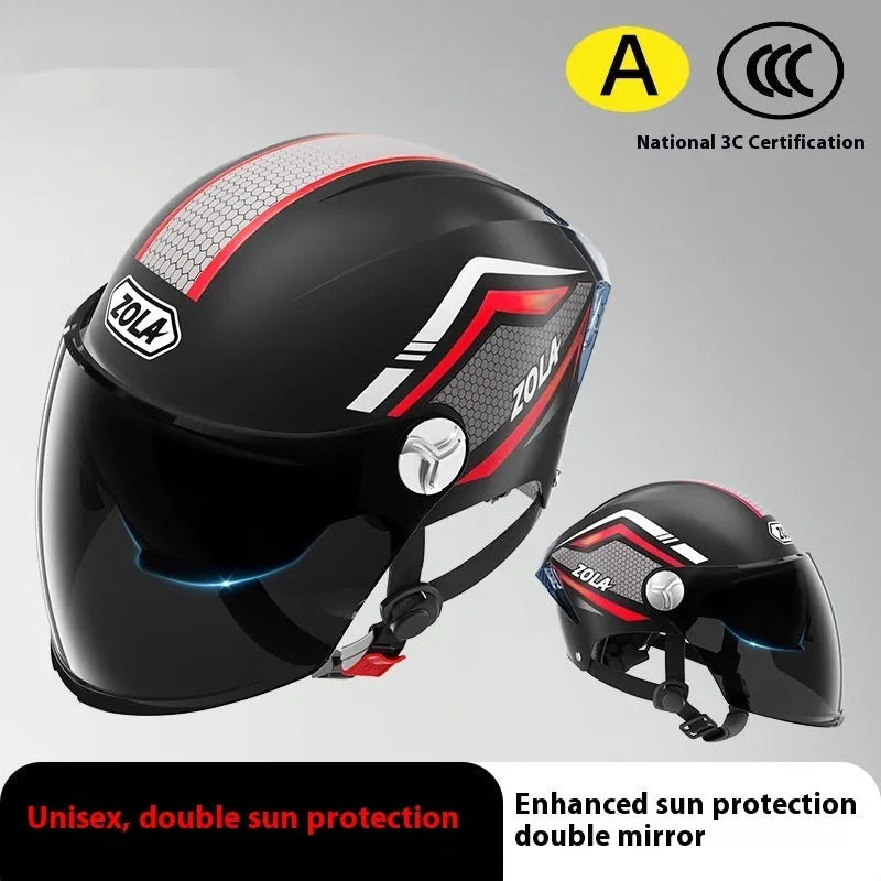 3C certified motorcycle half helmet showing integrated sun visor and dual anti-fog mirrors on a swivel mount.