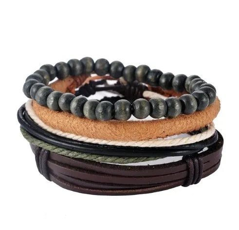 Handmade adjustable leather bead bracelet with multilayer design featuring cowhide leather, wooden beads, and woven ropes