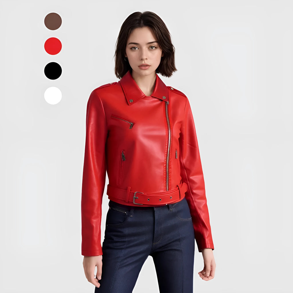 Woman wearing a red PU leather jacket with an adjustable black lapel belt fastened at the waist.