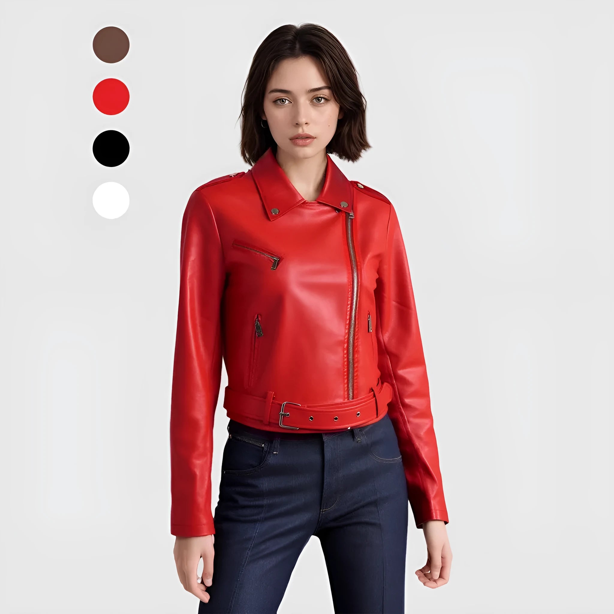 Woman wearing a red PU leather jacket with an adjustable black lapel belt fastened at the waist.