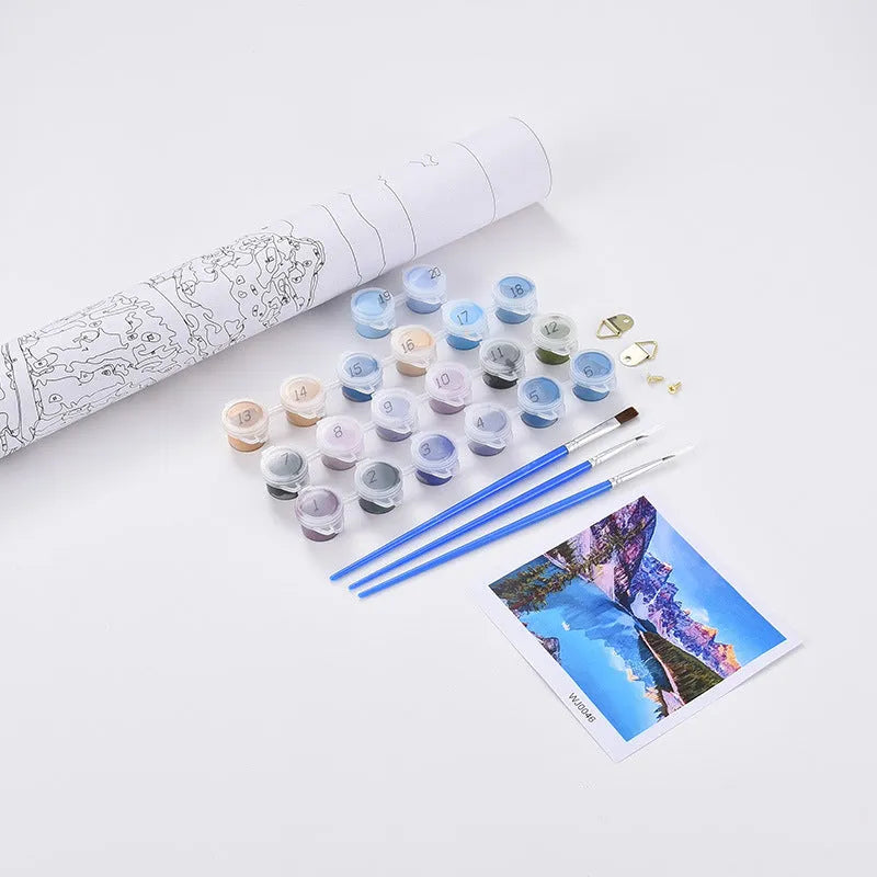 DIY digital oil painting kit showing sea view villa pattern on 40x50 cm linen canvas with acrylic paints and brushes