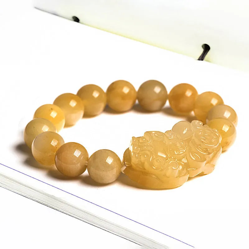 Carved Golden Thread Jade money bracelet showing Chinese coin charm and jade beads in two size options