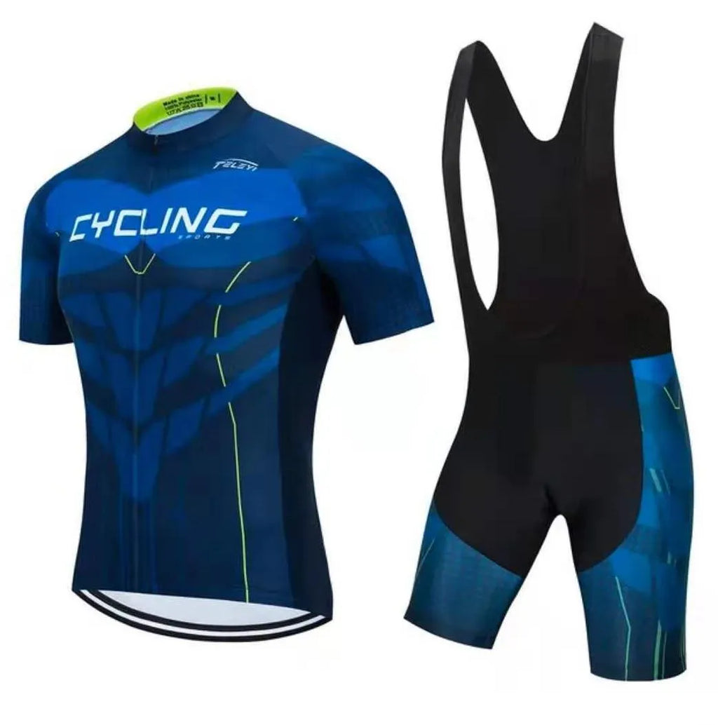 Men's and women's blue cycling jersey and matching pants set for summer road and mountain biking.