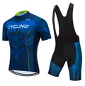 Men's and women's blue cycling jersey and matching pants set for summer road and mountain biking.