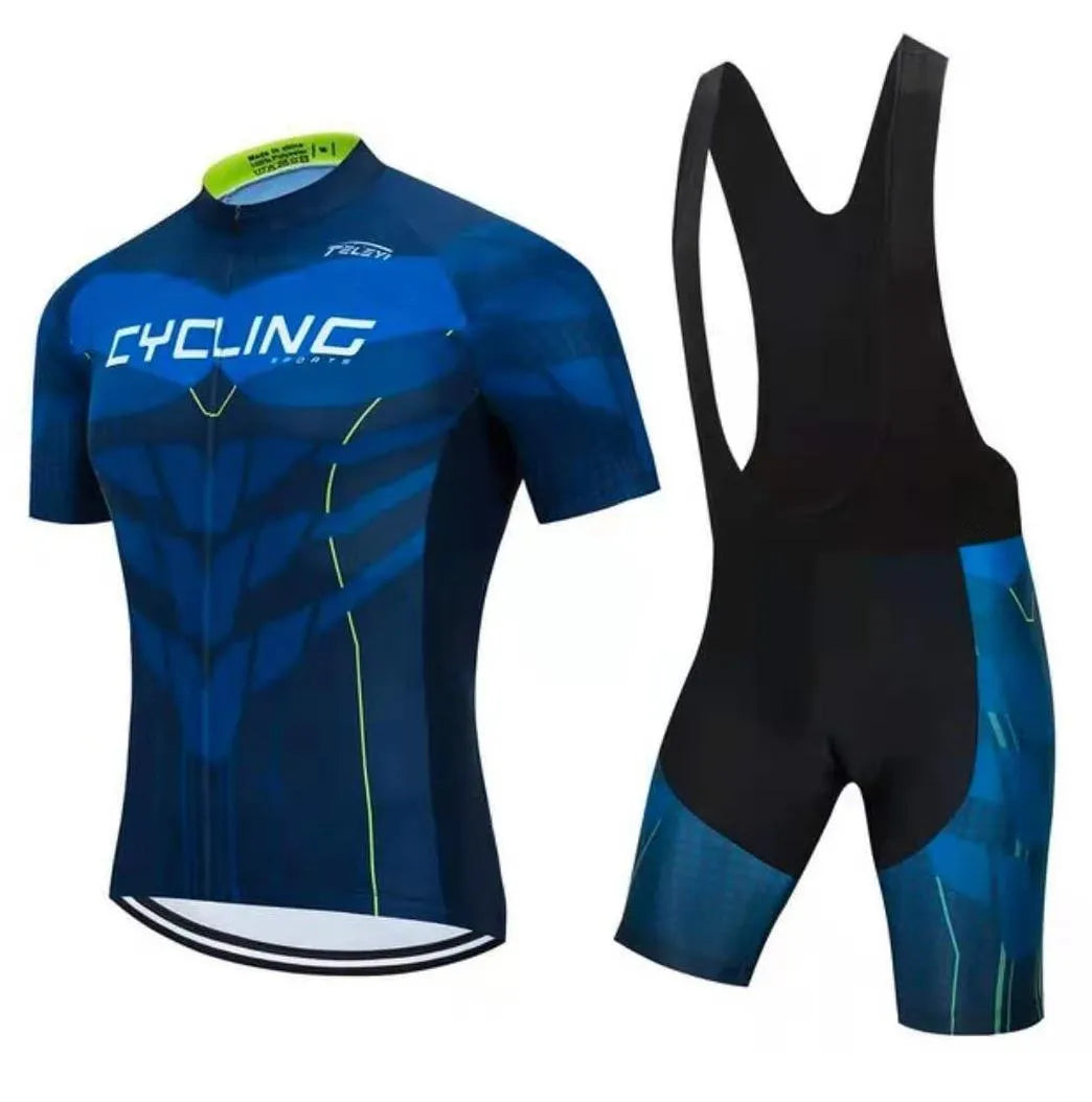 Men's and women's blue cycling jersey and matching pants set for summer road and mountain biking.