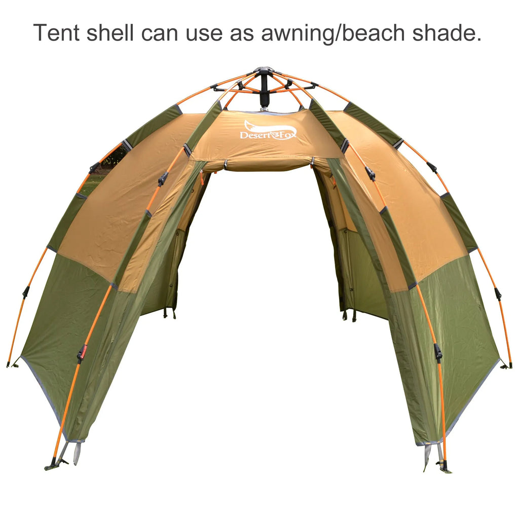 Khaki fully automatic hexagonal camping tent for 5-8 people with rain cover and two entry gates set up outdoors