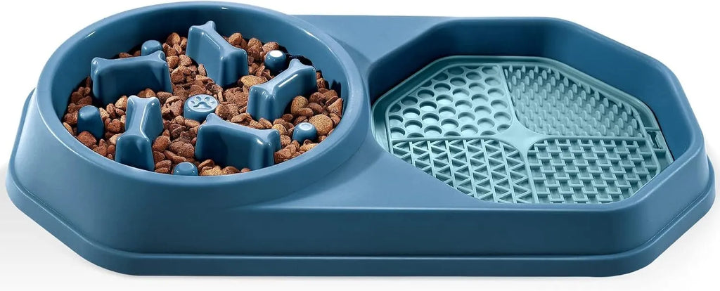 Blue slow feeder dog bowl with puzzle design and non-slip base for small medium dogs