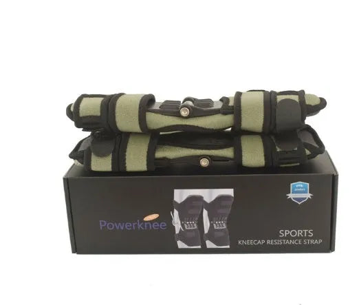 Adjustable spring knee brace support for mountaineering and sports, shown in black with breathable fabric.