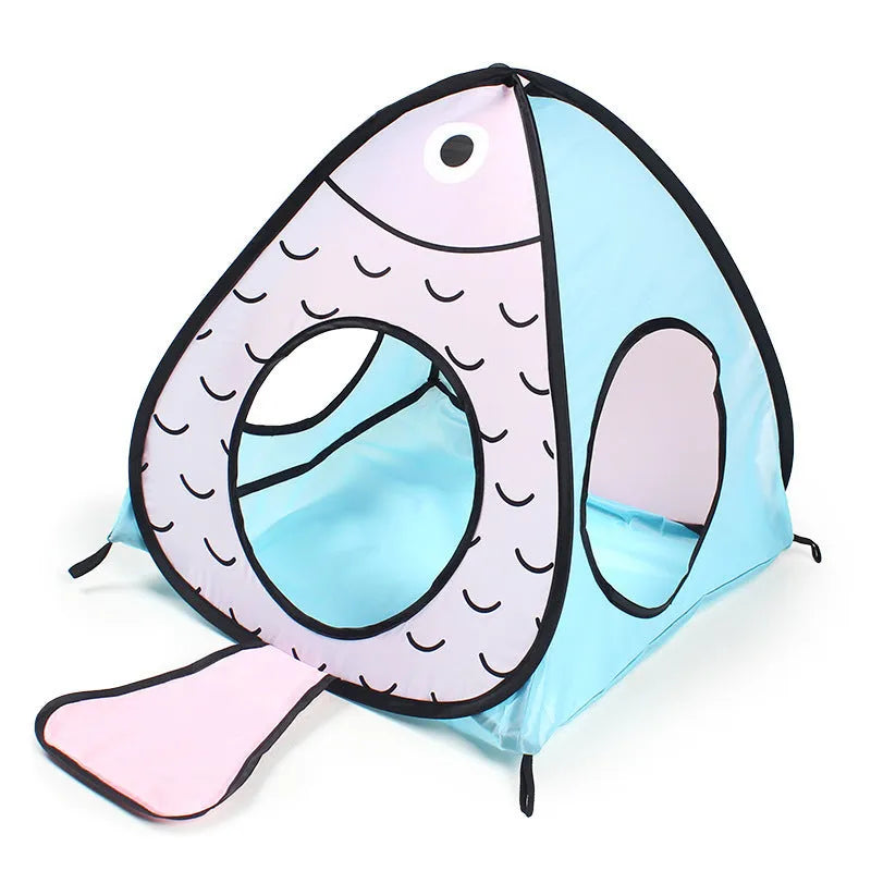 Foldable cat tent tunnel toy with cat and fish design in three-piece set