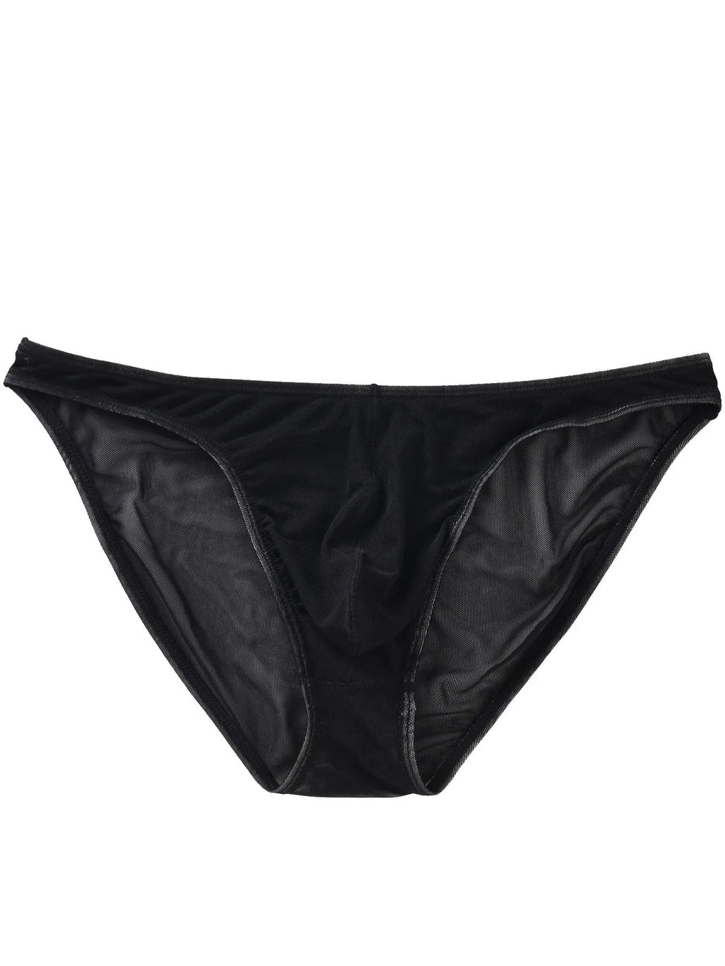 Men's black low-waist nylon briefs laid flat, showing triangle front design and knit fabric texture.