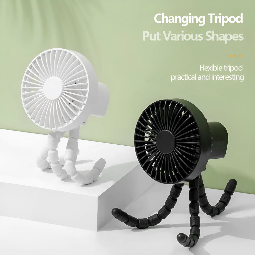 Small adjustable tripod desktop fan with bendable head on octopus stand, shown in white colour.