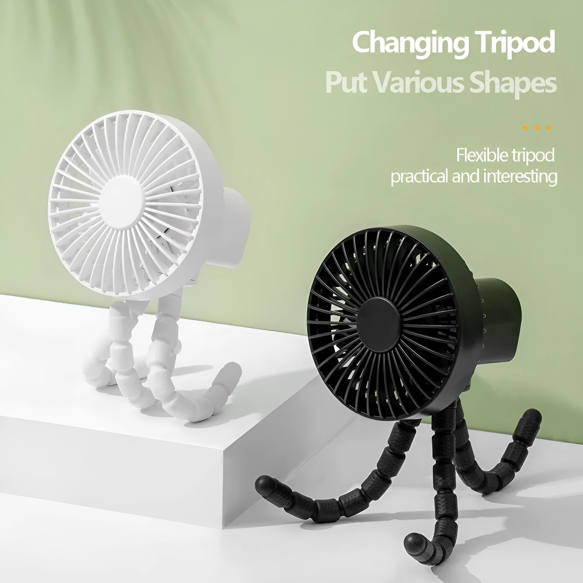 Small adjustable tripod desktop fan with bendable head on octopus stand, shown in white colour.