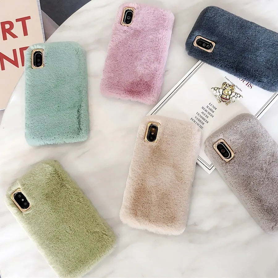 Rabbit plush phone case with thick padding and soft silicone shell for iPhone, shown in apricot colour.