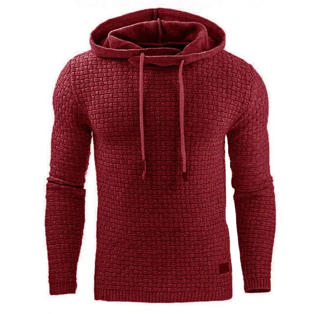 A men's hoodie sweater in a cotton and polyester blend, shown in one of nine available colours.