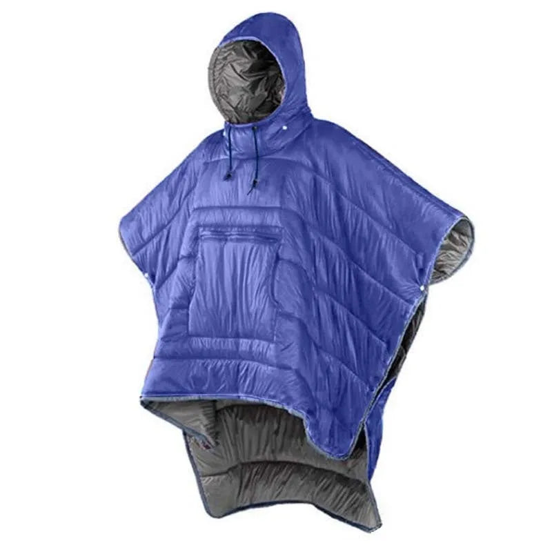 Army Green outdoor cloak sleeping bag with nylon shell shown in wearable configuration