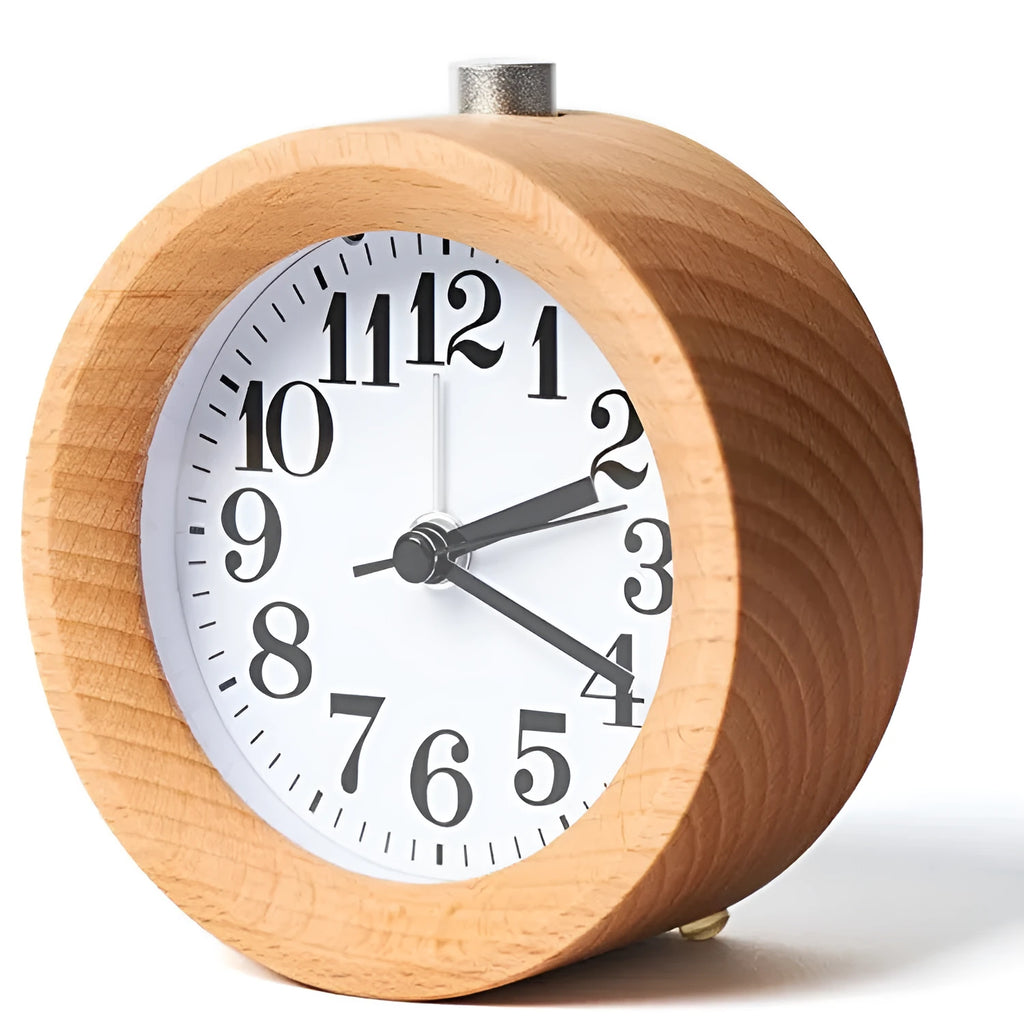 Solid beech wood alarm clock with white dial showing 4-inch diameter and wooden case