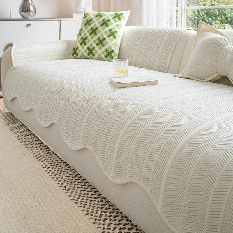 Ice Silk special-pattern sofa cover in Cloud Grey, showing straight row mat non-slip construction.