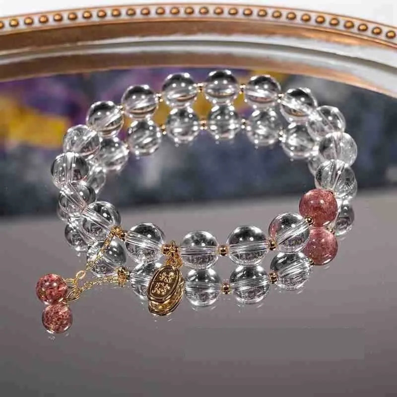 Handmade natural white crystal bracelet with strawberry beads in gift box