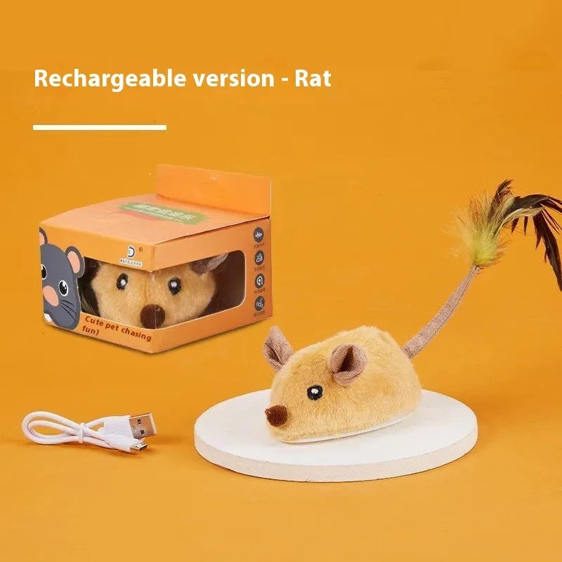 Plush mouse cat toy with remote control on grey carpet, showing rhubarb and yellow colour options
