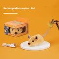Plush mouse cat toy with remote control on grey carpet, showing rhubarb and yellow colour options