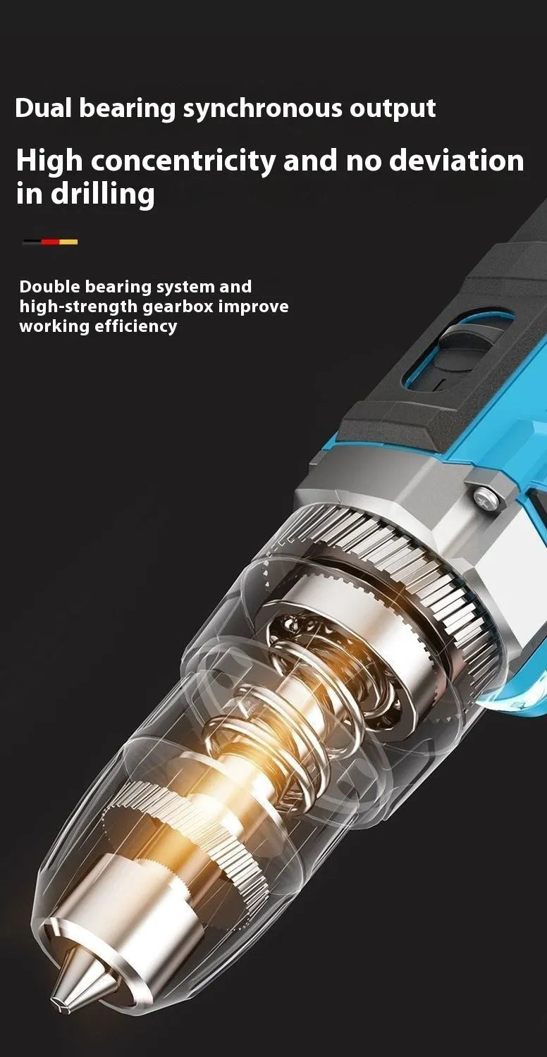 12V cordless impact pistol drill with dual-speed selector and included plastic storage box full of accessories.