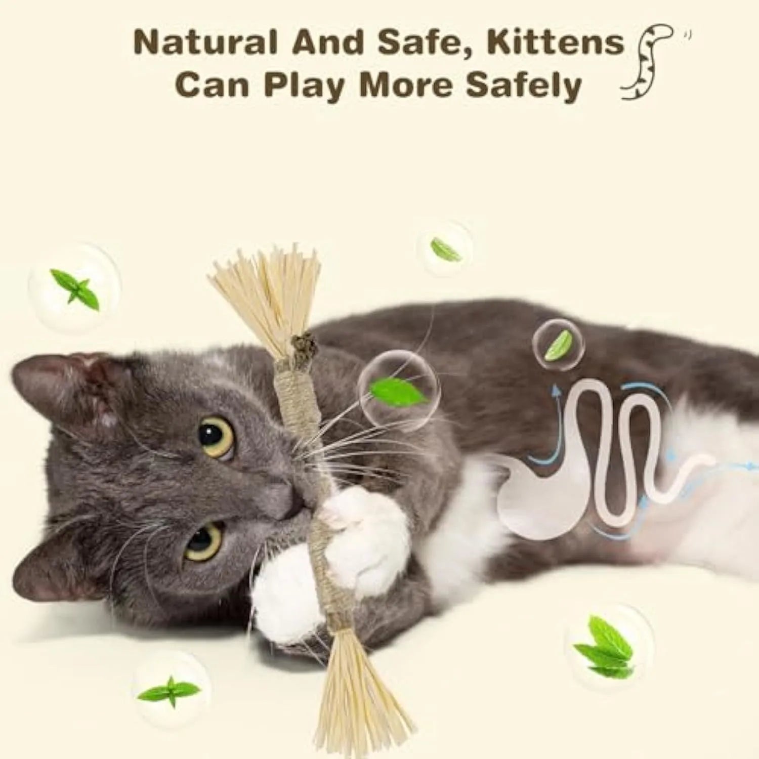 Three natural silvervine chew sticks for cats with sisal rope and raffia dental toy