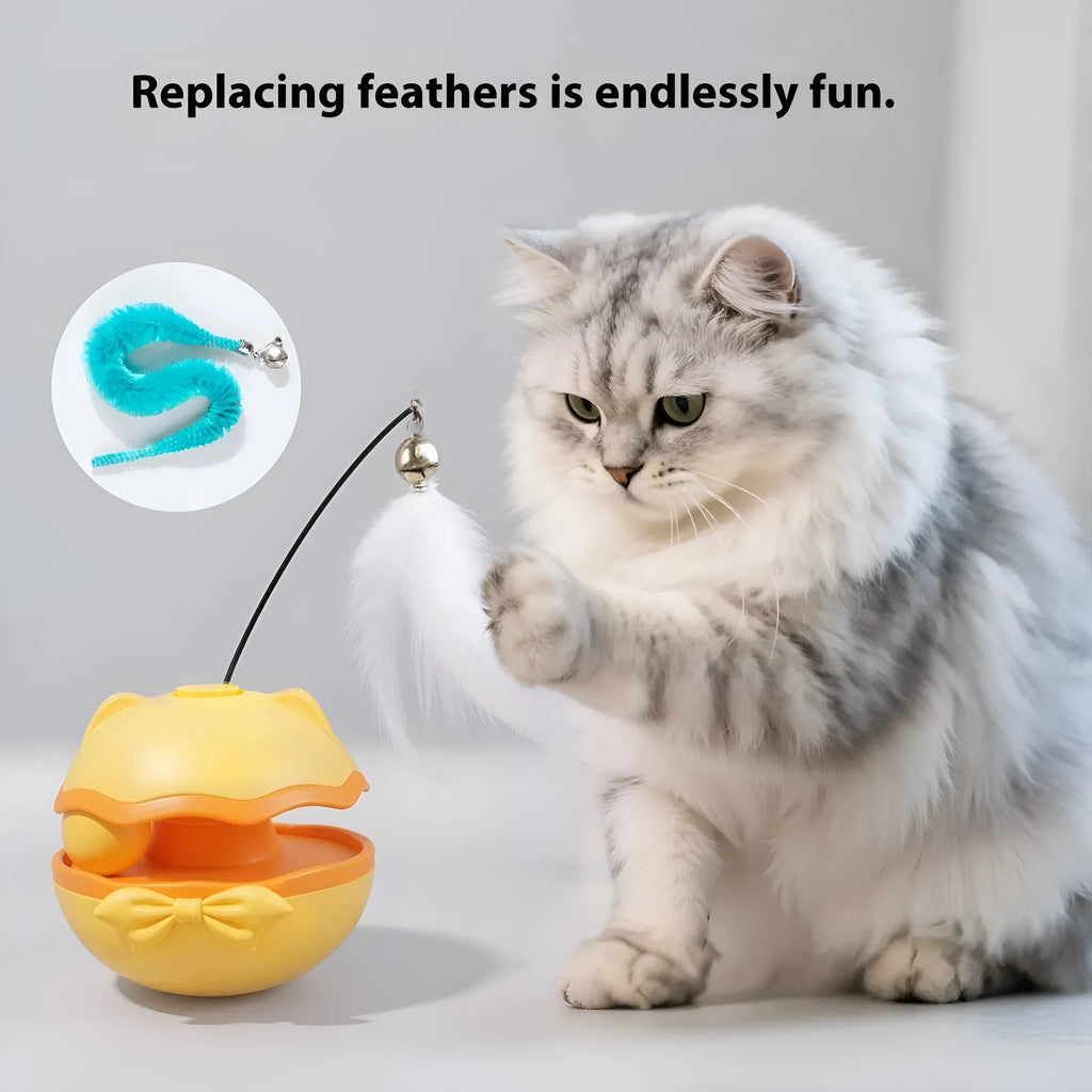Electric self-righting cat teaser tumbler toy in lemon yellow, sky blue, and soft fog grey on a hardwood floor.