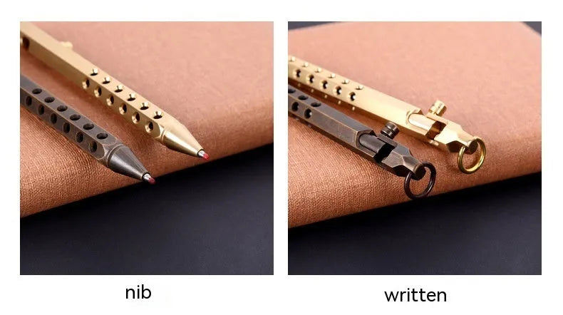 Brass hexagonal bolt action rollerball pen with retro six-angle design