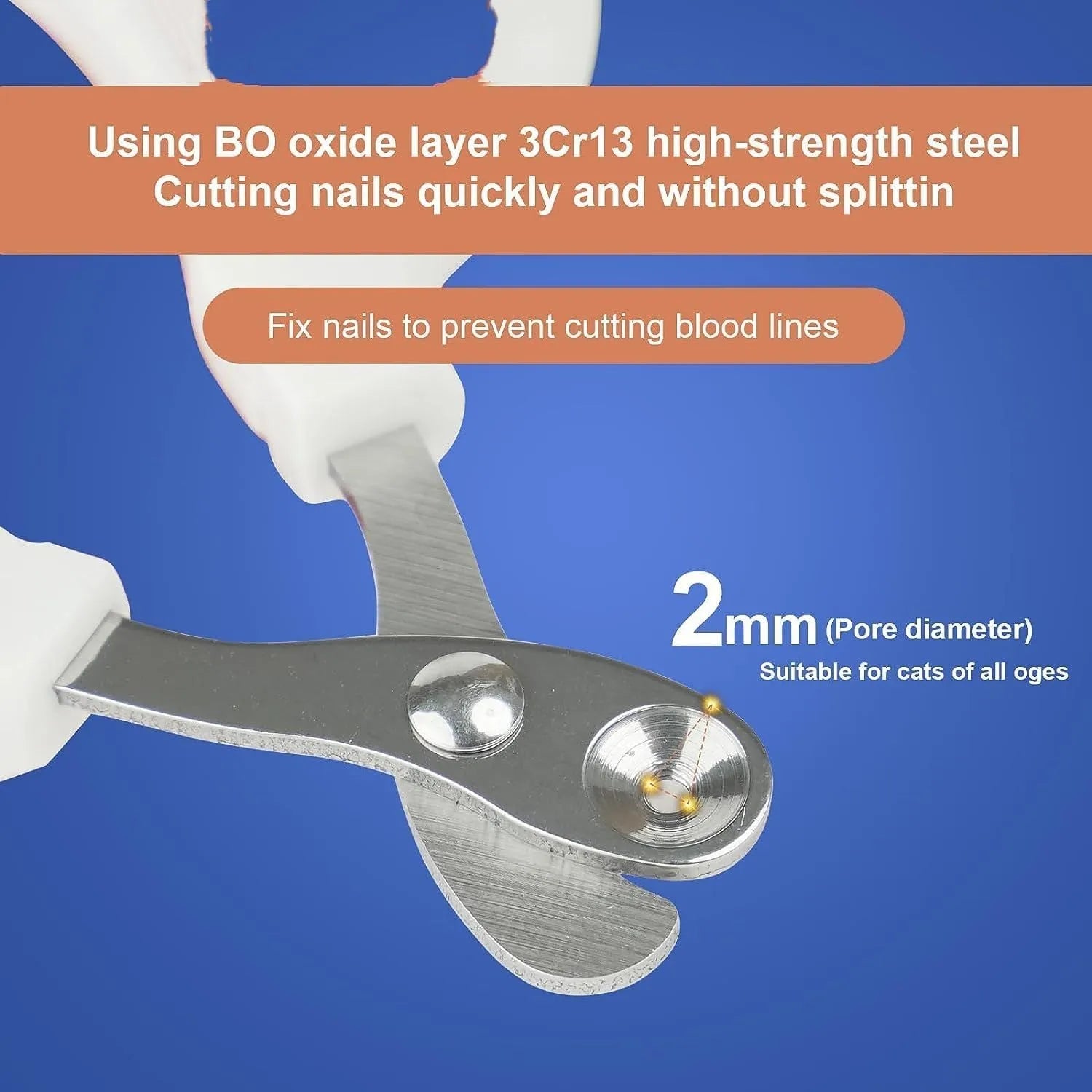 Blue pet nail clippers with circular cut hole and non-slip handles on a white background.