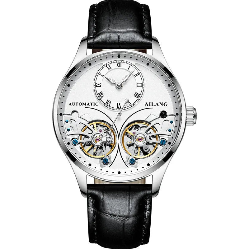 Men's automatic watch with tourbillon, moon phase, black steel case, and transparent back showing Seiko movement.