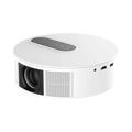 White HD home cinema projector with remote control on table showing 720p resolution specification