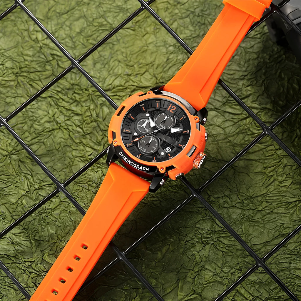 Men's digital watch with luminous display showing time and calendar, water resistant to 30 metres