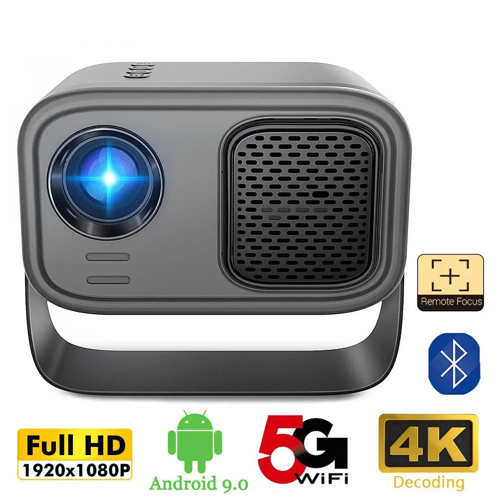 Black HD smart portable projector with remote control and cables for home office use